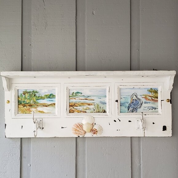 Vintage Signed Artsy Beachy Shabby chic Coastal Wall 2 Hook Shelf - Picture 2 of 7